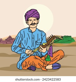 Artist playing ravanahatha folk music of india, Rajasthan man playing folk music of India.