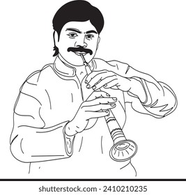 Artist playing Shehnai, showcasing the cultural richness of Indian musical instruments, Ethnic music illustration, Indian artist with Shehnai, Traditional music character