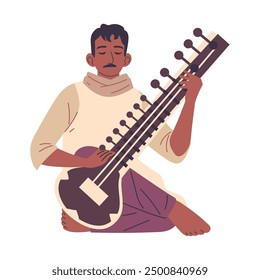 artist playing sitar folk music of india isolated