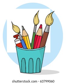 Artist Pot With  Pencils And Paintbrushes