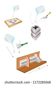 Artist Pouring Liquid Plaster of Paris, Rubber, Concrete or Resin in A Molded Casting to Make A Relief Statue Isolated on White Background
