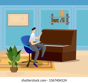 Artist Practicing Playing Grand Piano at Home or Musical Classroom. Male Musician Character Playing Classic Instrument Preparing for Concert. Music Lesson. Background. Cartoon Flat Vector Illustration