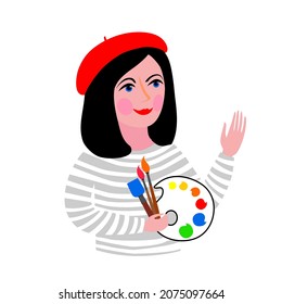 Artist profession avatar. The artist in a beret holds a palette and a brush in his hands. Symbol logo illustration. Artist's avatar. Woman artist.  Vector illustration.