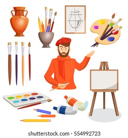 Artist in red clothes and hat in centre of illustration with many artistic elements around. Vector illustration of man, artist palette, paint brushes, picture stand, vase and set of colourful paints