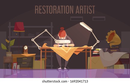Artist restorer colored flat banner with restoration artist works on restoring things vector illustration