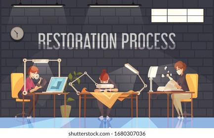 La composición de restauradores de artistas con tres personas tres personas en la oficina están trabajando en la restauración de varias cosas libros zapatos ilustración vectorial