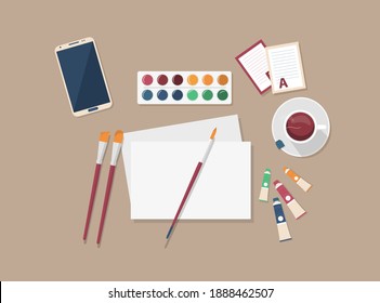 Artist s set. Top view vector illustration of artist s workplace. Oil paint, watercolors, canvas and brushes, cup of tea.