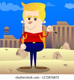 Artist schoolboy painting. Vector cartoon character illustration.
