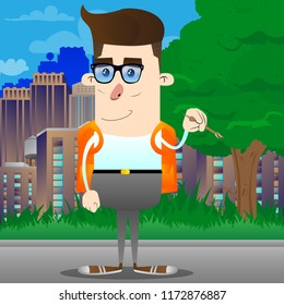 Artist schoolboy painting. Vector cartoon character illustration.