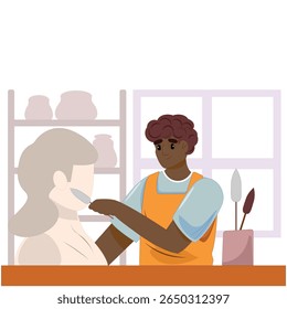 Artist sculpting a clay bust in a studio, pottery workshop, creative hobby, modern vector illustration