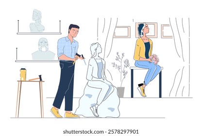 Artist sculpting a sitting woman with tools, surrounded by art pieces and a model holding flowers, on a white background. Concept of creativity. Vector illustration