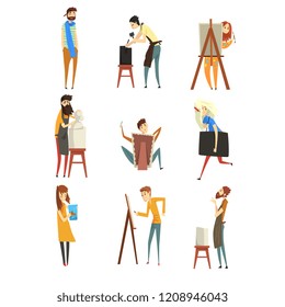 Artist and sculptors set, talented painters or carvers characters, people of creative professions vector Illustration on a white background