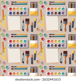 Artista sem costura padrão, ferramenta de desenho artista, fundo do artista, papel de parede sem costura padrão. Ilustração de vetor