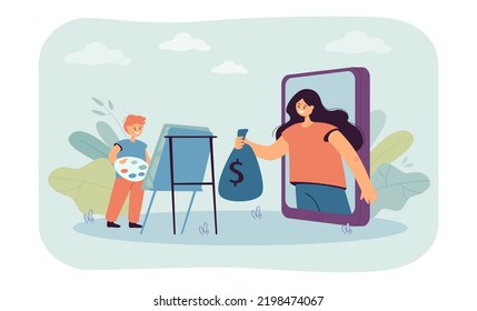 Artist selling his paintings flat vector illustration. Girl giving bag of money to young painter. Online business, education, income, occupation concept for banner, website design or landing web page