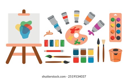 Artist set easel, paints, brushes, pencils. Vector illustration for drawing lessons, artist equipment, eps 10