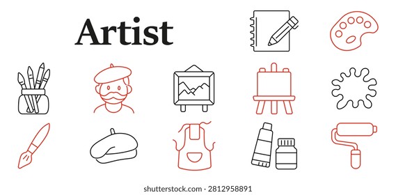 Artist set icon. Painter portrait, decorative palette, sketchbook notebook, creative apron, rolling applicator, pigment container, handcrafted studio accessory collection.