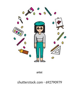 Artist. Set of vector isolated line filled icons. Pixel Perfect. For web design and presentations, site 