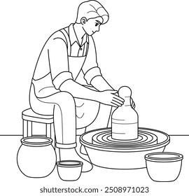 Artist shaping a clay sculpture on a pottery wheel coloring page. Labor Day Hand Drawn Clip art