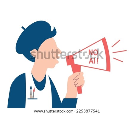 An artist shouting into a megaphone, protesting against artificial intellect, machine learning, and ethical issues