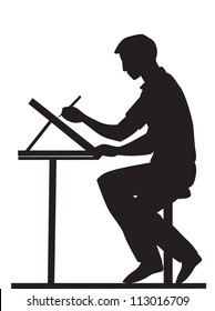 Artist, side view, using a pencil and drawing board, sitting at a table, vector illustration