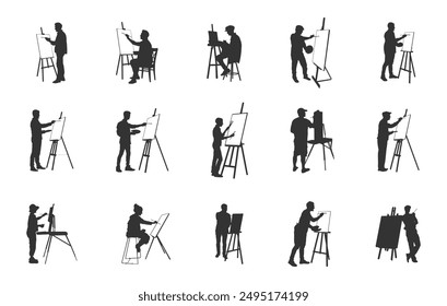 Artist silhouette, Artist drawing silhouette, Painter artist silhouette, Artist drawing vector set.