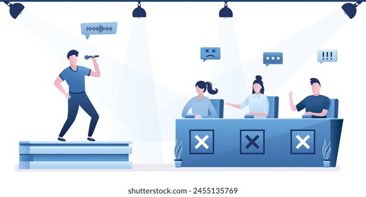 Artist singer sings on stage. Jury voting. People push buttons, negative or positive reviews. Television talent show presentation. Jury sitting at desk and chatting about performance. flat vector