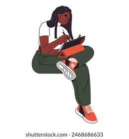Artist sits and creates digital art. Happy girl drawing with graphics tablet, stylus, pencil. Illustrator painting using electronic device. Flat isolated vector illustration on white background