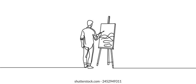 the artist sits in front of an easel with a palette and brush in hand. one line drawing vector