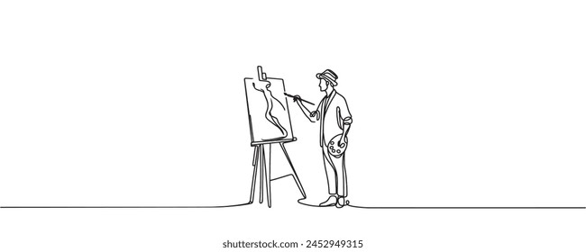 the artist sits in front of an easel with a palette and brush in hand. one line drawing vector