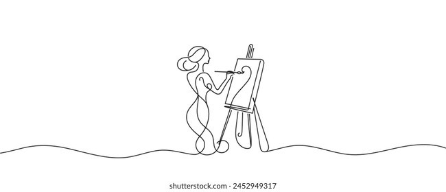 the artist sits in front of an easel with a palette and brush in hand. one line drawing vector