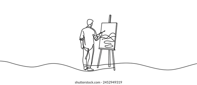 the artist sits in front of an easel with a palette and brush in hand. one line drawing vector