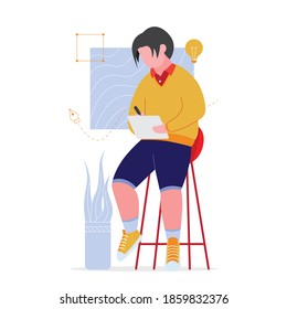 artist sitting on chair and drawing on tablet, vector illustration