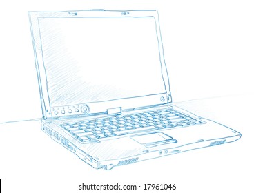 Artist sketch of a laptop in blue ink over a white background