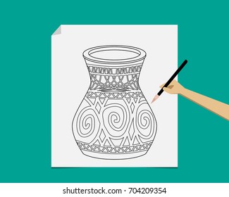 Artist sketching ancient pottery on paper, vector 
