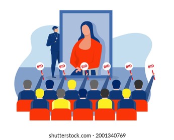 Artist standing on stage in front of audience making presentation with art for bid. NFT digital art concept vector illustration 