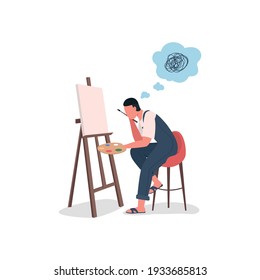 Artist struggling at canvas flat color vector faceless character. Stressed painter at easel. Art block. Burnout and crisis isolated cartoon illustration for web graphic design and animation