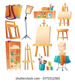 Artist Studio, Art Classroom Stuff Set. Canvas On Easel, Paint Brushes, Wooden Shelf And Stool, Plaster Head, Frames For Pictures And Lamp Isolated On White Background, Cartoon Vector Illustration