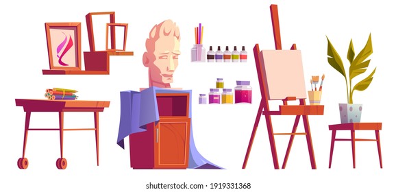 Artist studio art stuff canvas on easel, paint, brushes and colored pencils on wooden desk, plaster head, frames for pictures, potted plant isolated on white background Cartoon vector illustration set