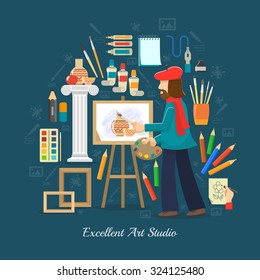 Artist studio concept with flat painting tools and painter symbols vector illustration