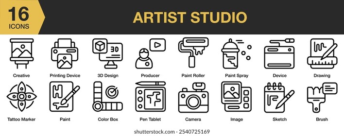 Conjunto de iconos de Artista Studio. Incluye creativo, pintura, pluma, tableta, cámara, Imagen, productor y más. Colección de Vector de iconos de contorno.