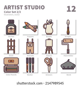 Artist Studio icons set, Color, vector and illustration set 2