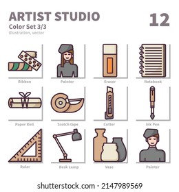 Artist Studio icons set, Color, vector and illustration set 3