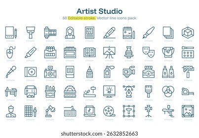 Pacote de ícones de linha do Artist Studio. Conjunto de ícones do Artist Studio Stroke. Ícone Traçado editável