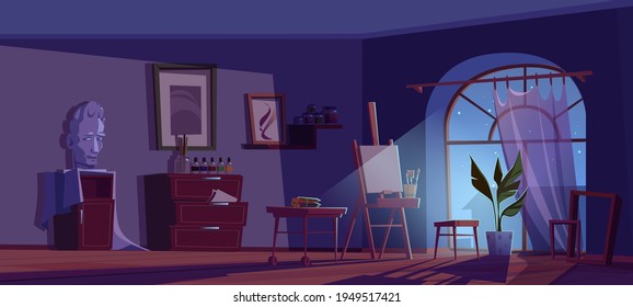 Artist studio at night, empty room interior with art stuff canvas on easel, paint, brushes and colored pencils on wood desk, plaster head, frames for pictures, potted plant Cartoon vector illustration