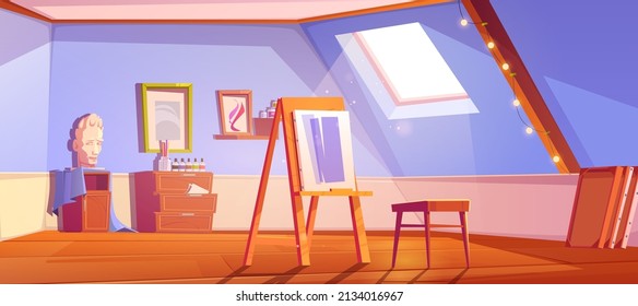 Artist studio on attic, art workshop or classroom interior at house roof with window, painter stuff, canvas on easel, paints, stool, frames for pictures and gypsum head, Cartoon vector illustration