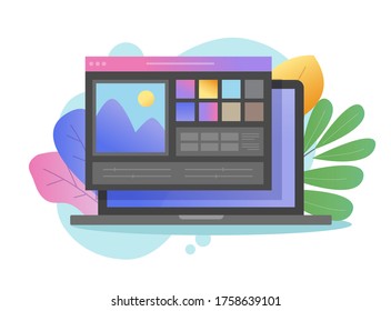 Artist studio picture creating on digital drawing program or photo editor app online image dark color software vector on laptop pc computer flat cartoon