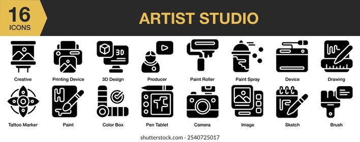 Conjunto de iconos sólidos de Artista Studio. Incluye creativo, pintura, pluma, tableta, cámara, Imagen, productor y más. Colección de Vector de iconos sólidos.