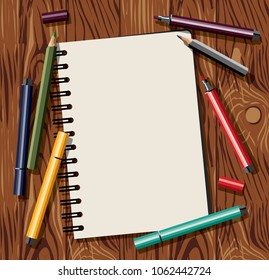 Artist table objects top view empty place paper and felt pen. Color vector illustration. EPS8