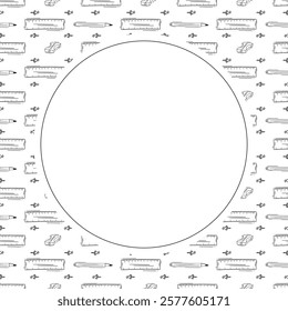 artist tool frame. doodle art supplies circle frame. hand drawn artist kit frame background. art material background