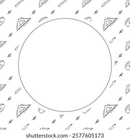 artist tool frame. doodle art supplies circle frame. hand drawn artist kit frame background. art material background